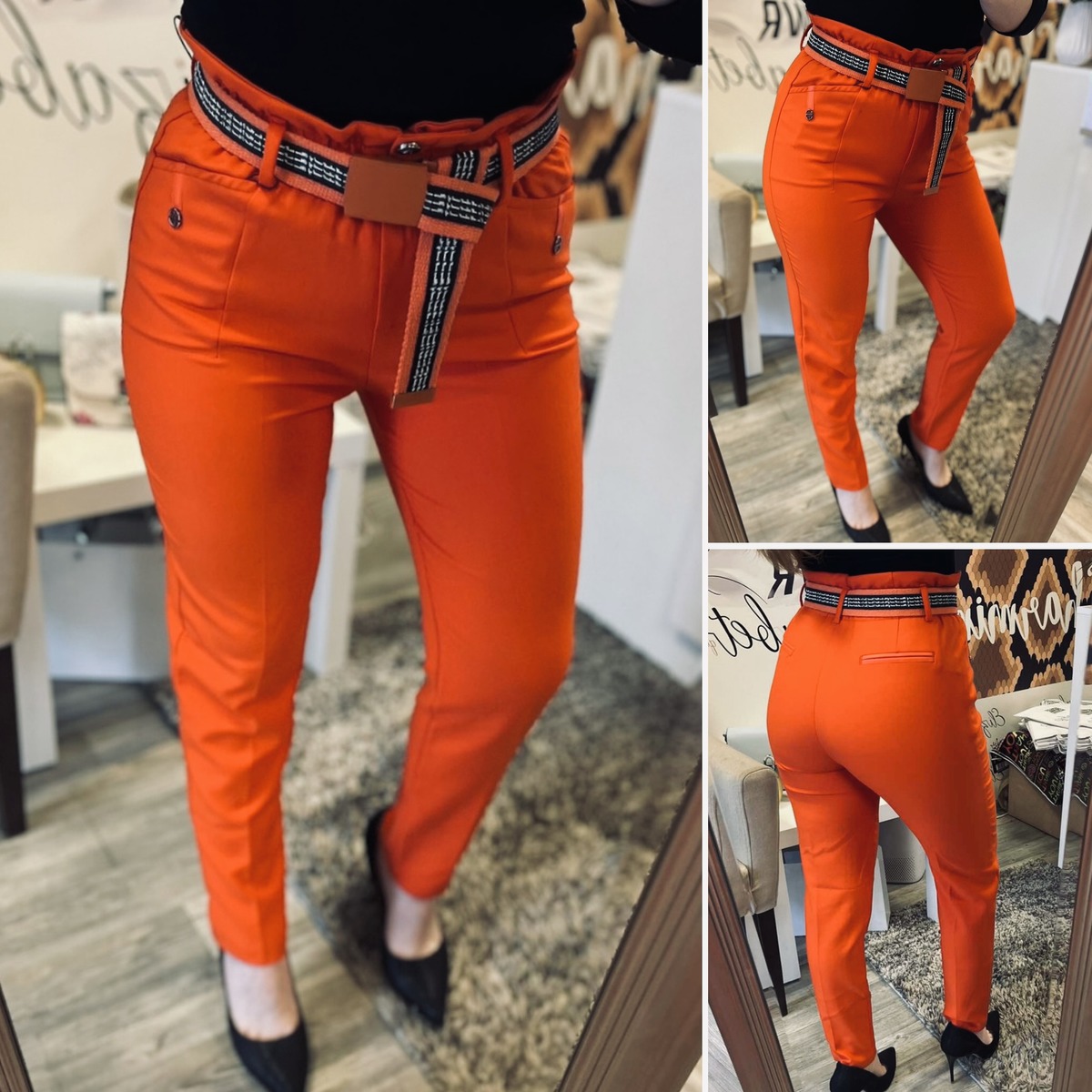 Стилен панталон висока талия в оранжево