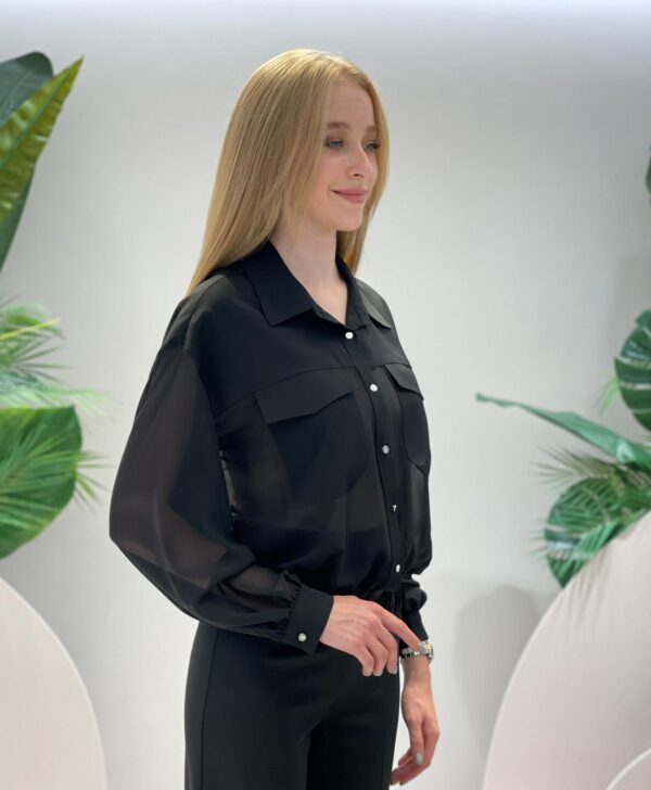 Стилна черна риза с тюл и ластик elizabet queen's fashion