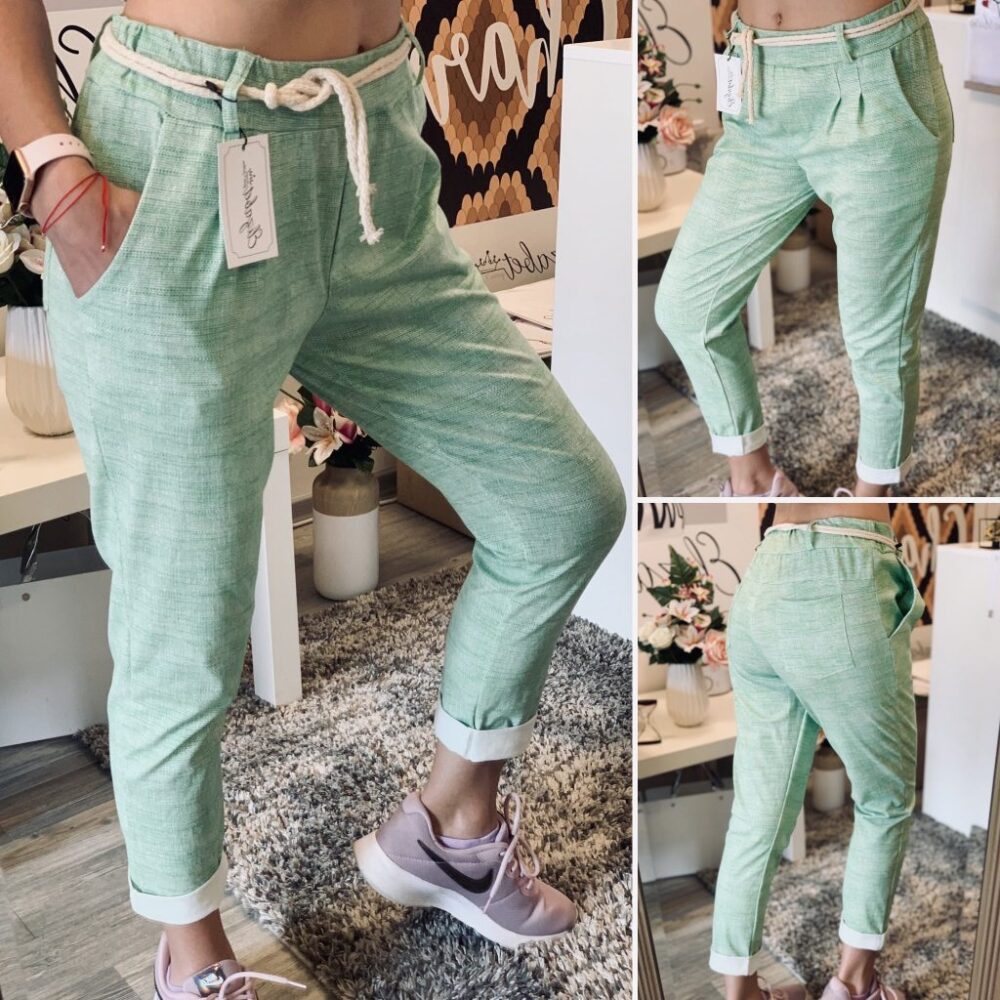 Зелен памучен панталон с коланче