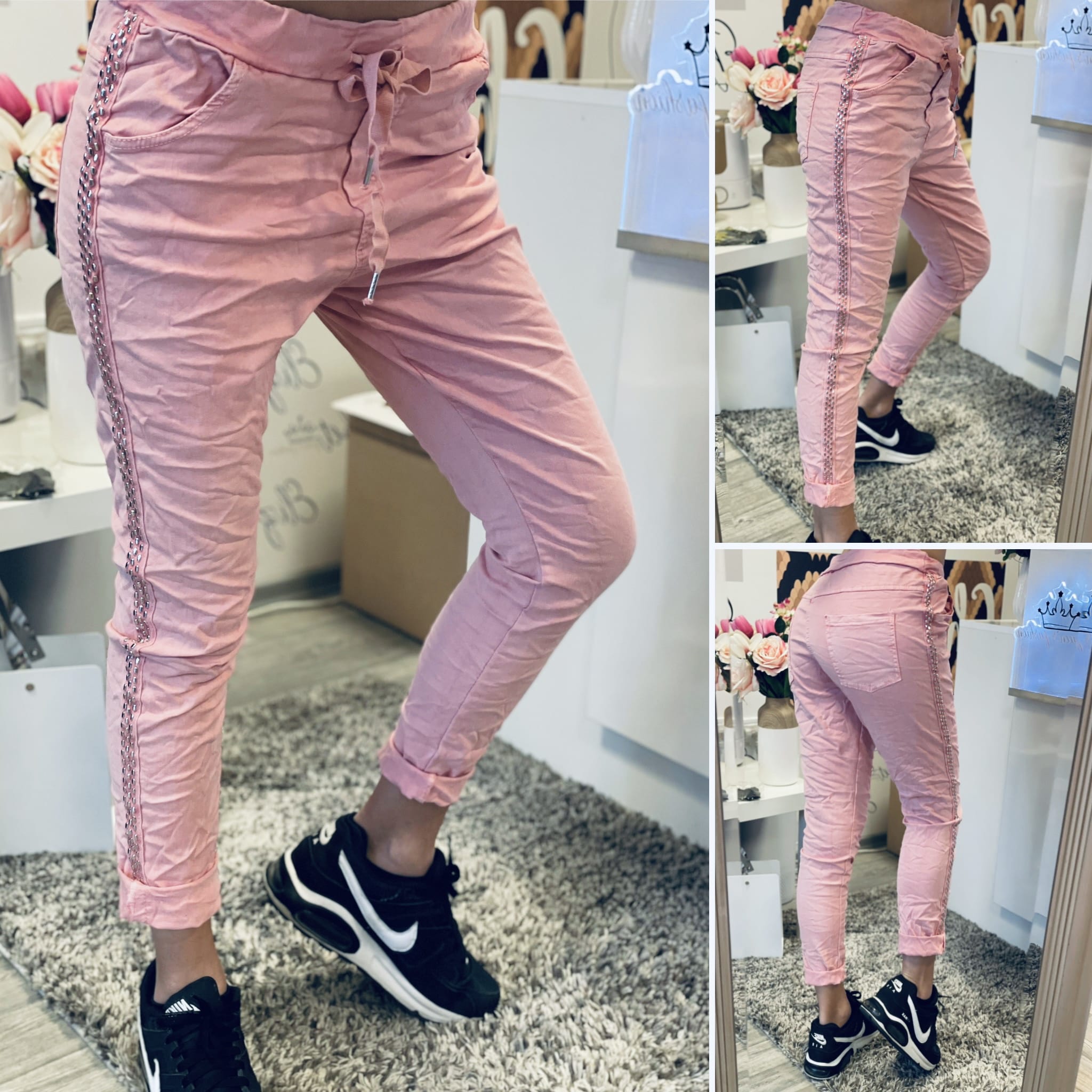 Еластичен спортен панталон в розово с капси - Elizabet - Queen's Fashion