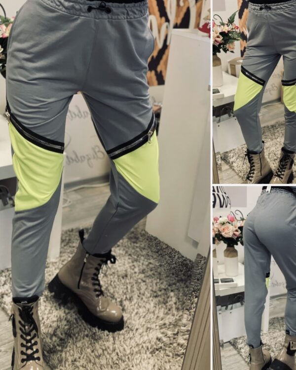 Сиво долнище с неоново и ципове High Waist