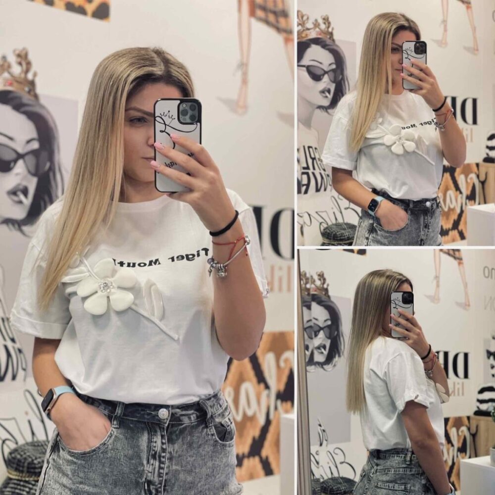 Дамска бяла тениска с цвете