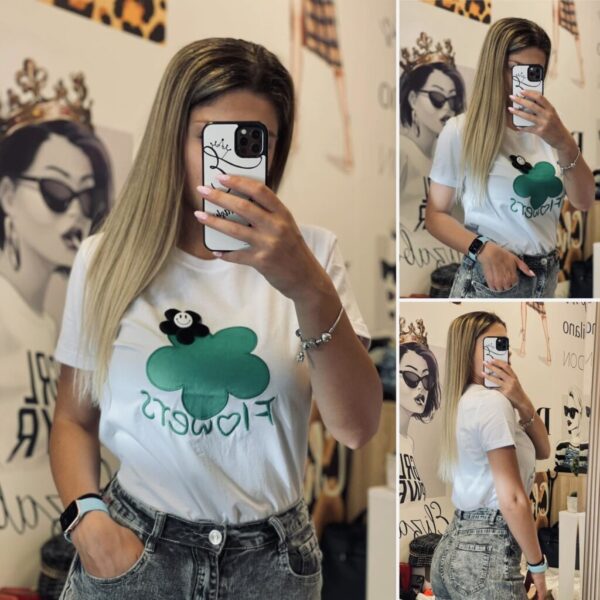 Бяла тениска със зелено цвете Elizabet.bg